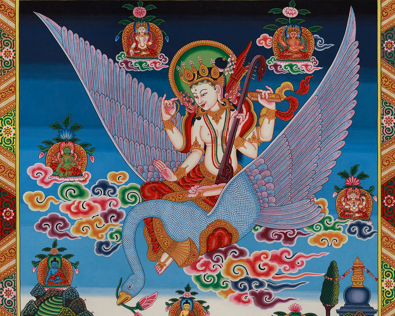 Goddess Saraswati Thangka | Sacred Art for Knowledge and Meditation