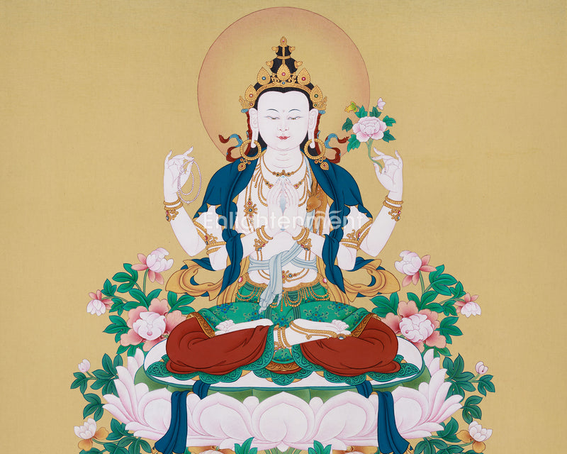 Om Mani Padme Hum Avalokiteshvara Thangka | Traditional Tibetan Depiction of Compassion