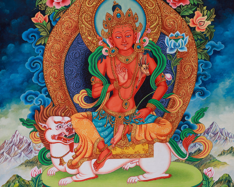 Tibetan Simhanada Lokeshvara Thangka | Devotional Bodhisattva Thangka for Meditation