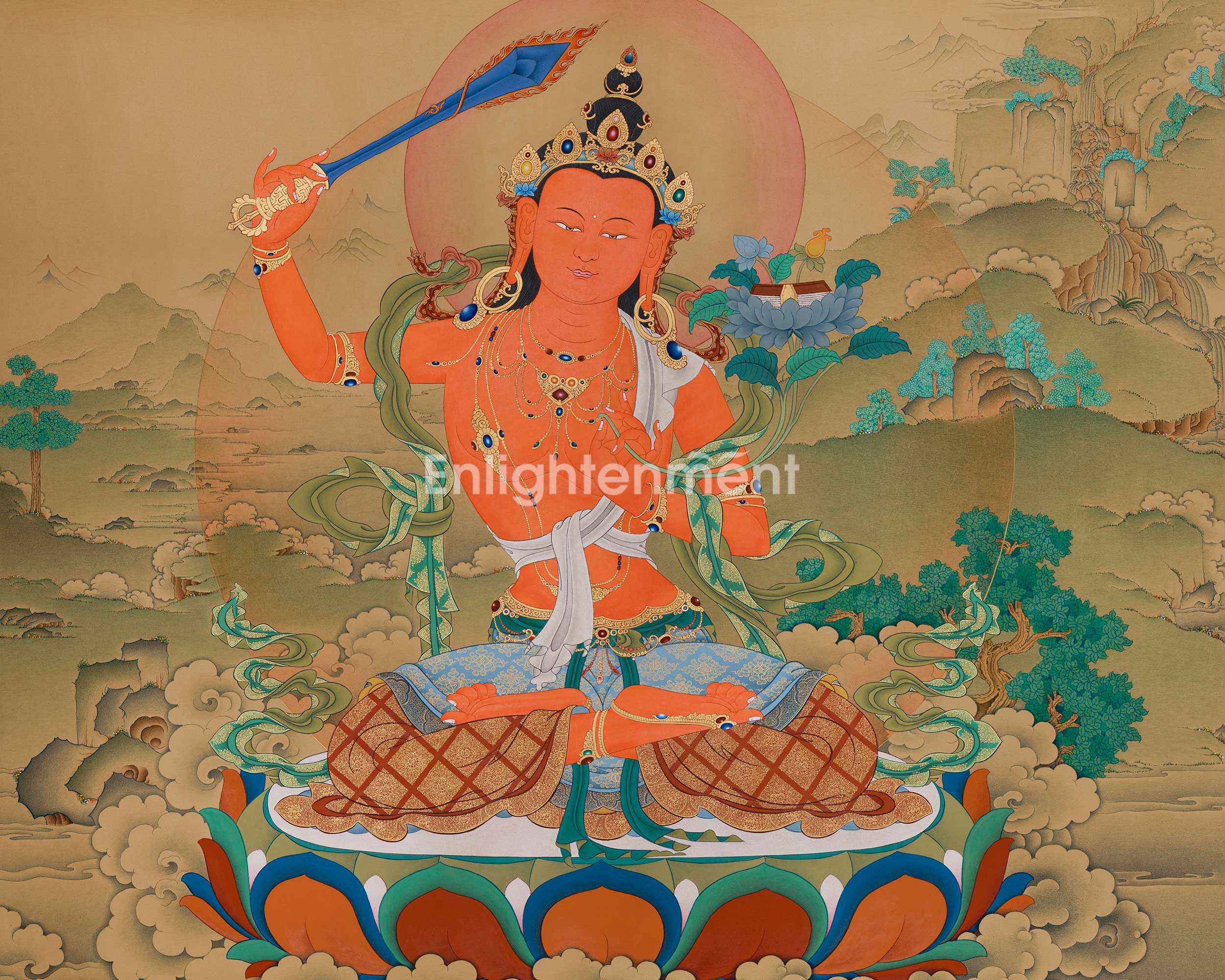 Tibetan Bodhisattva Manjushri Artwork | 51 Inch Thangka of Enlightenment and Clarity
