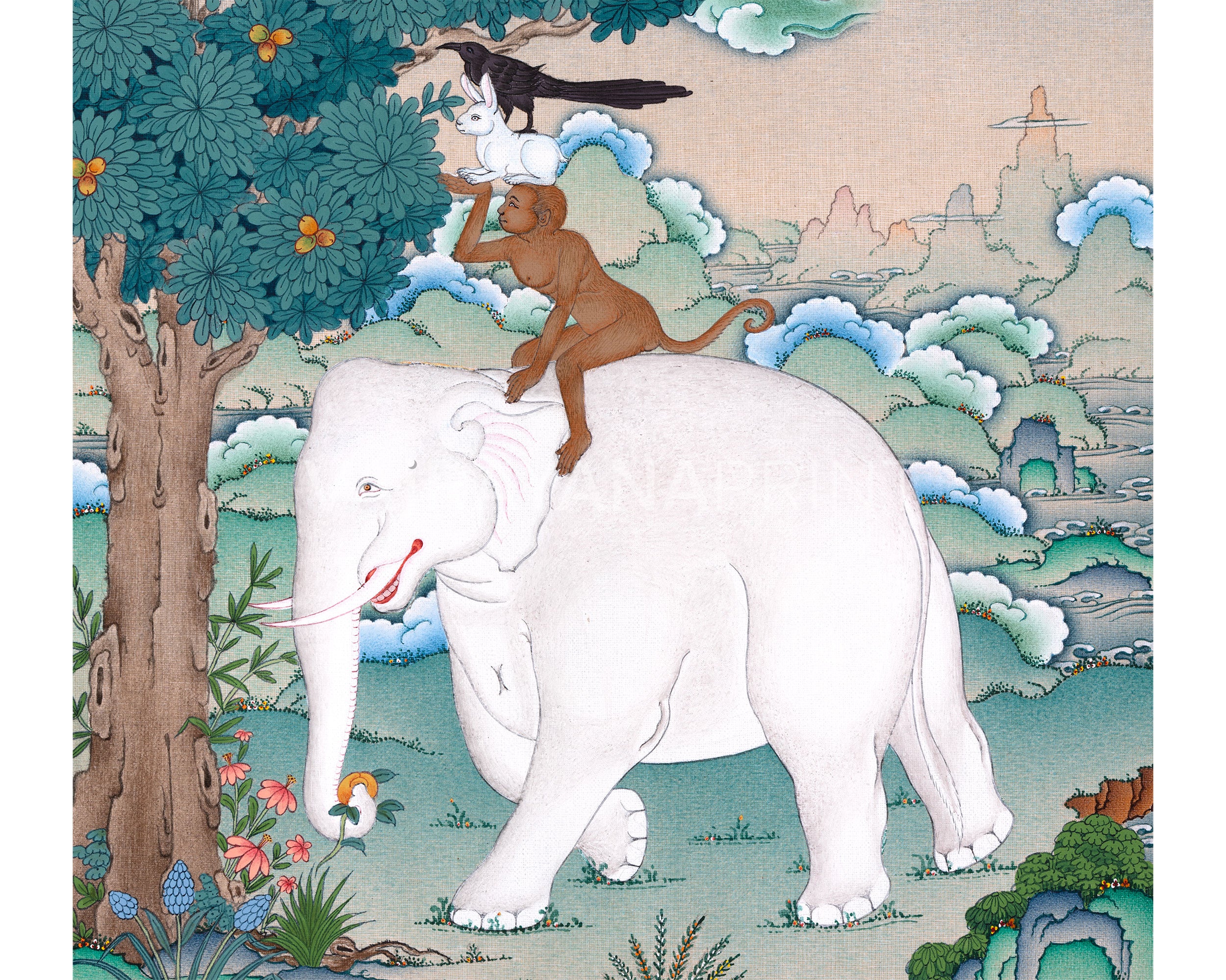 Thangka Print of the 4 Harmonious Friends | A Symbol of Friendship and Unity