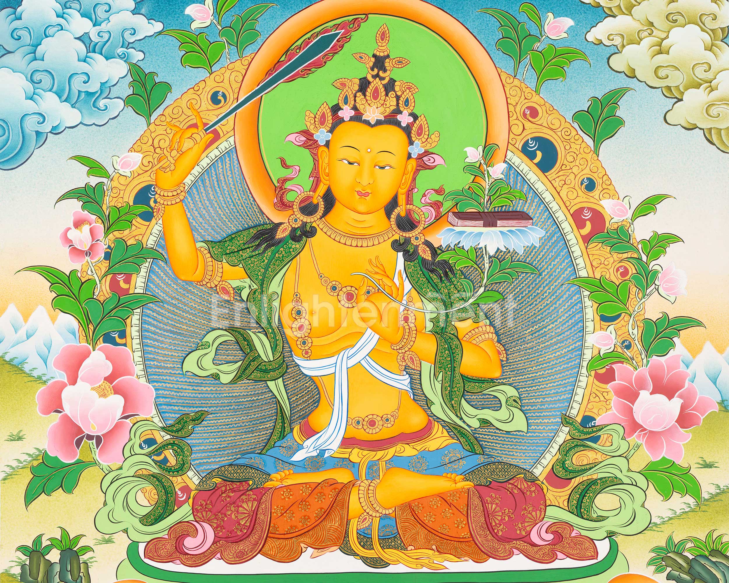 Manjushri Thangka  | Flanked By Avalokiteshvara And Vajrapani