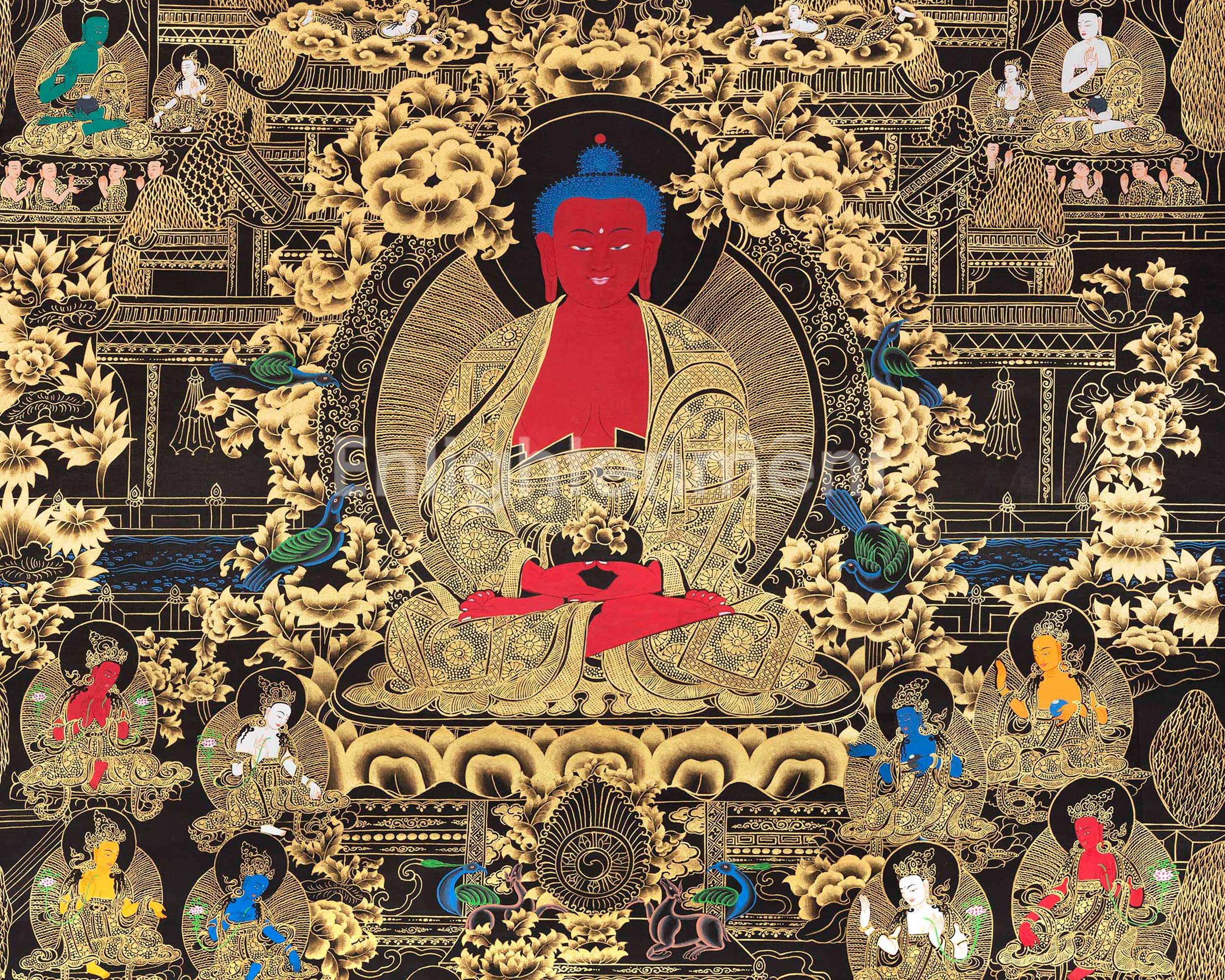 Black and Gold Amitabha Buddha Thangka | Sukhavati Thangka | Meditation Buddha