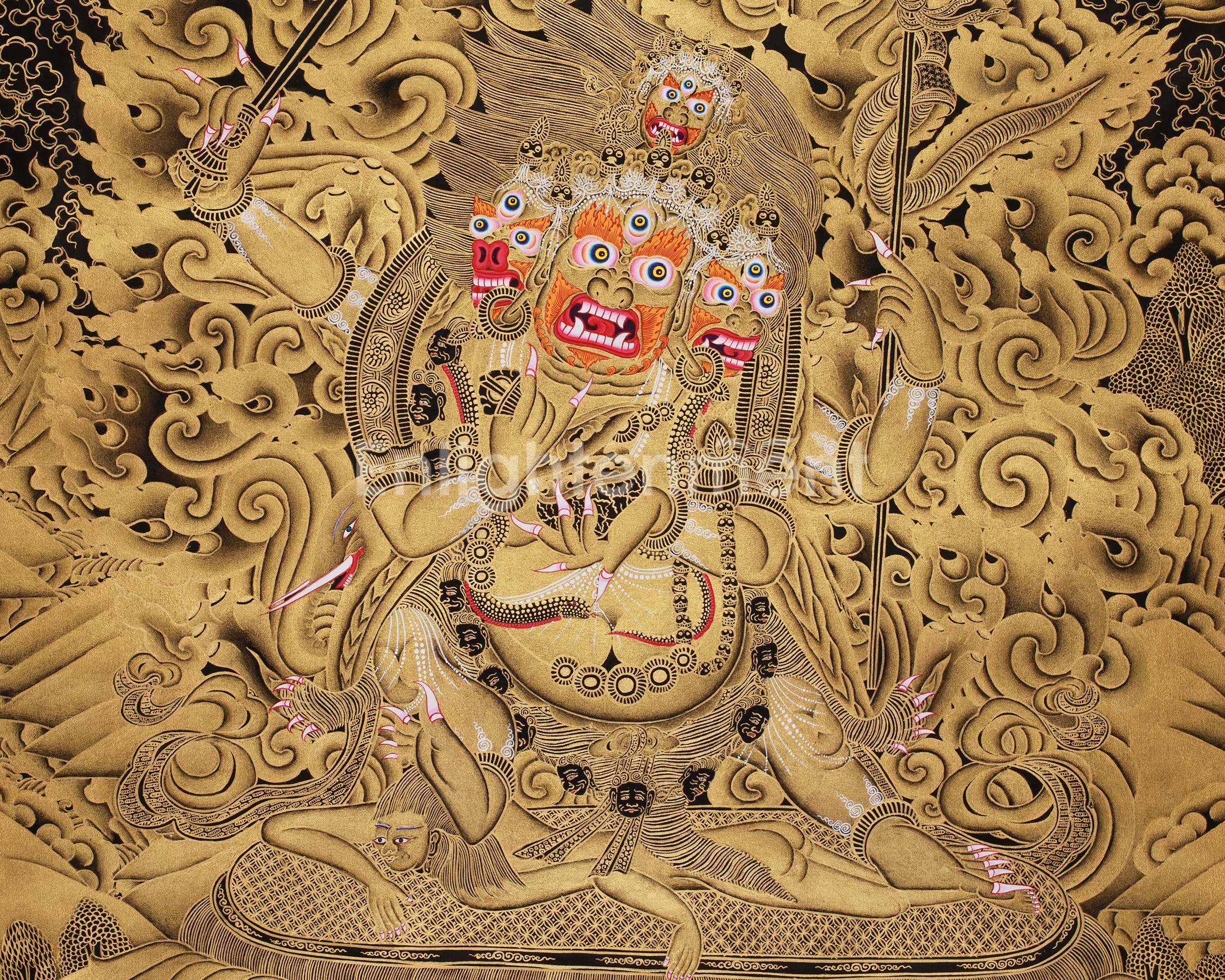 Fierce Protector Mahakala Thangka | Masterful Gold Detail on Black Canvas