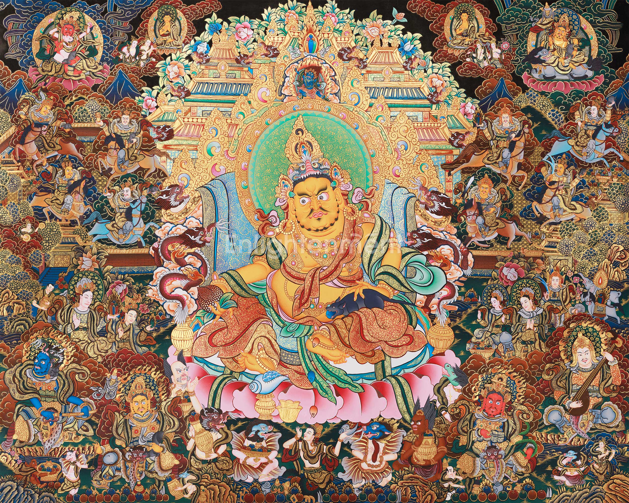 Grand Tibetan Dzambhala Thangka | Hand-Painted Tibetan Wealth Deity Art