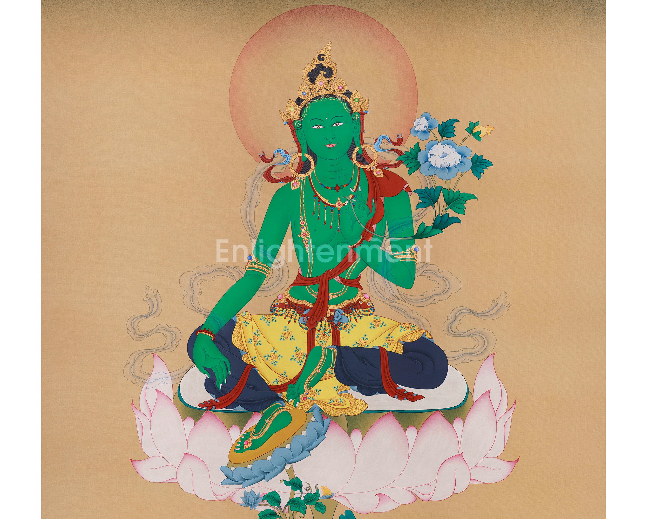 Exquisite Bodhisattva Green Tara Artwork | 30x40 Inch Hand-Painted Thangka of Swift Compassion