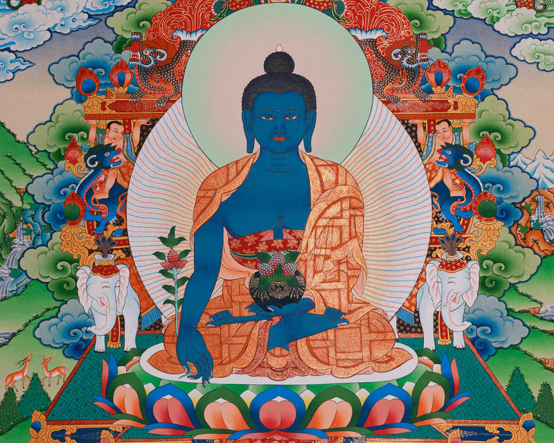 Lapis Lazuli Bhaisajyaguru Thangka | Medicine Buddha and Compassionate Guardians