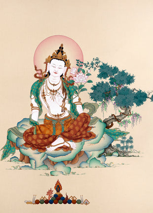 Chenrezig Thangka | 2 Armed Avalokiteshvara in Natural Stone Colors and 24K gold