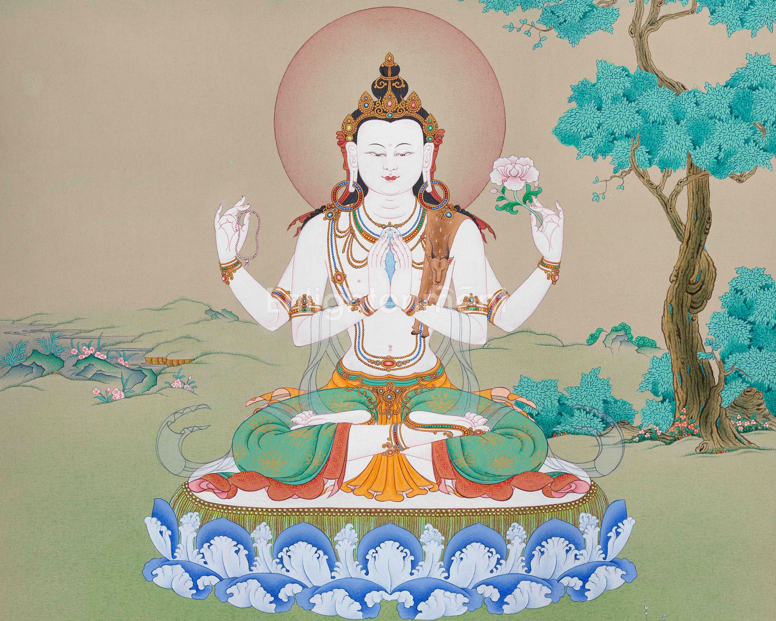 Compassionate Buddha, Chenrezig Thangka | Hand-Painted Karma Gardi Artistry