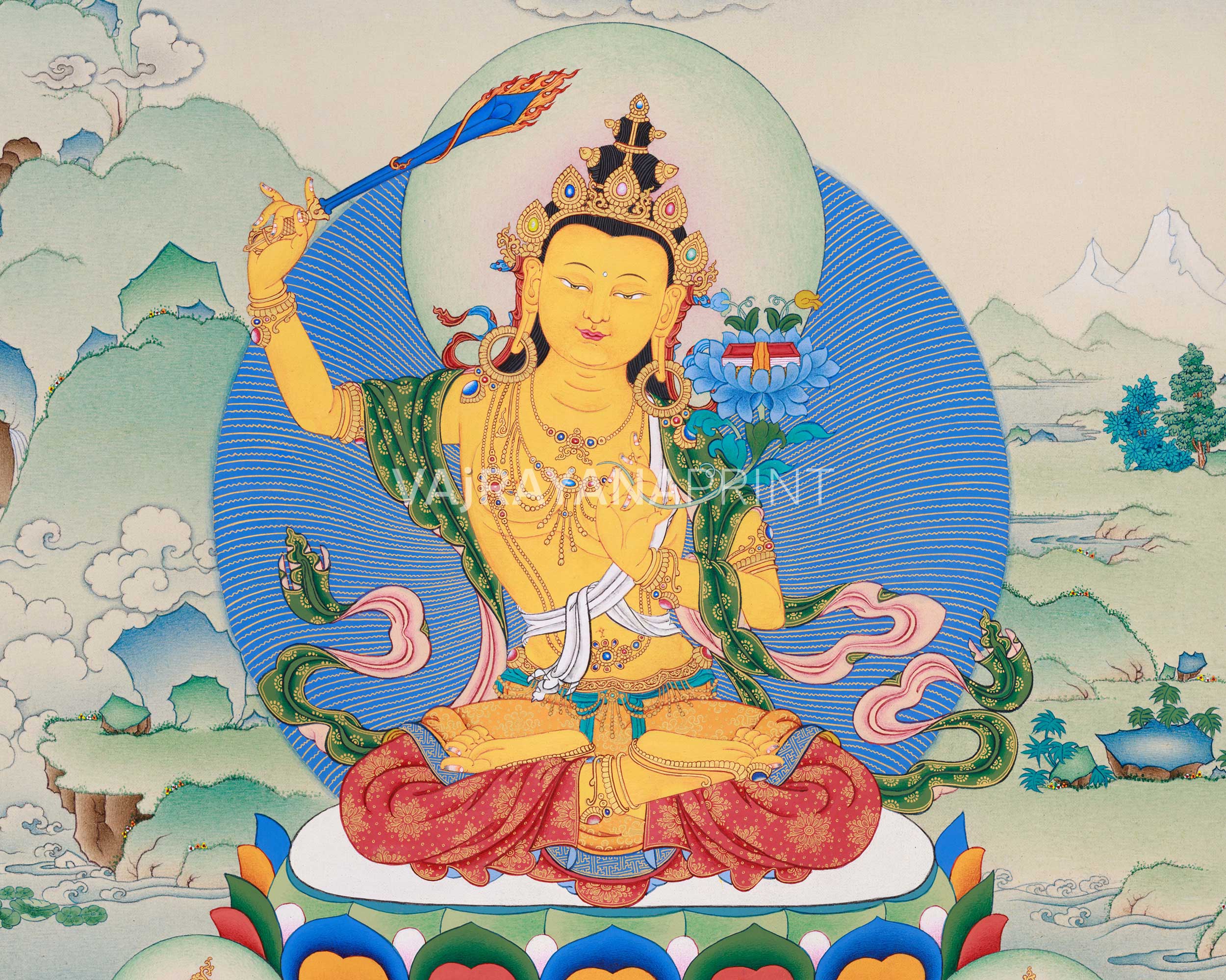 Bodhisattva Manjushree Thangka Print | Bodhisattva of Wisdom | Wall Decors