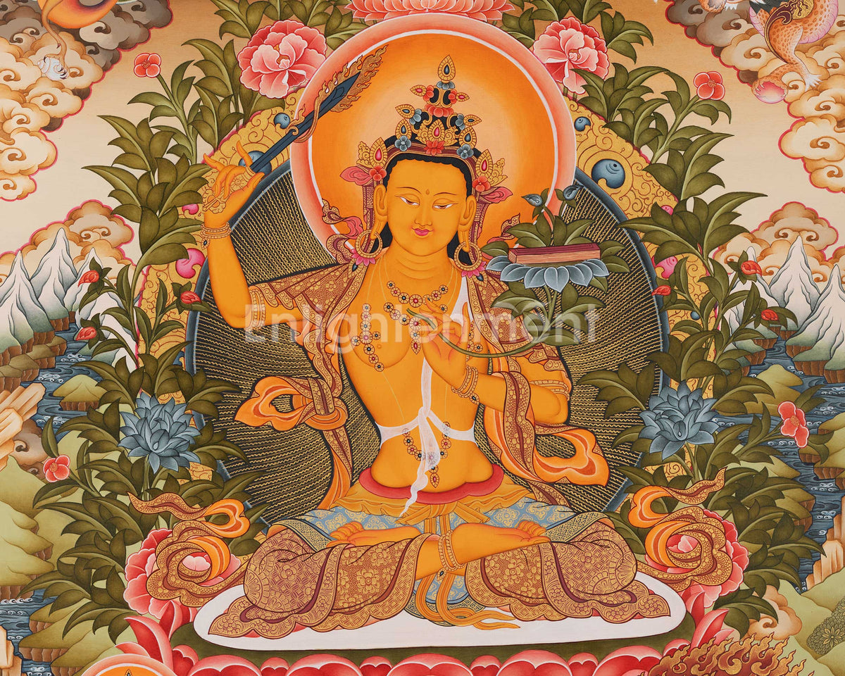 Manjushree The Deity of Wisdom Thangka  | Amitayus , Vajrapani & Chengresig Fine Quality Acrylic Art | Wisdom Buddha
