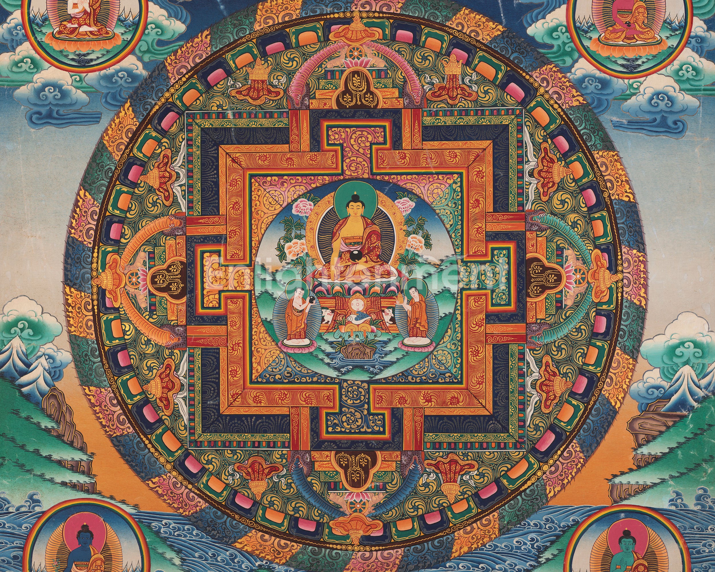Five Dhyani Buddha Mandala | Vintage Handmade Thangka Painting