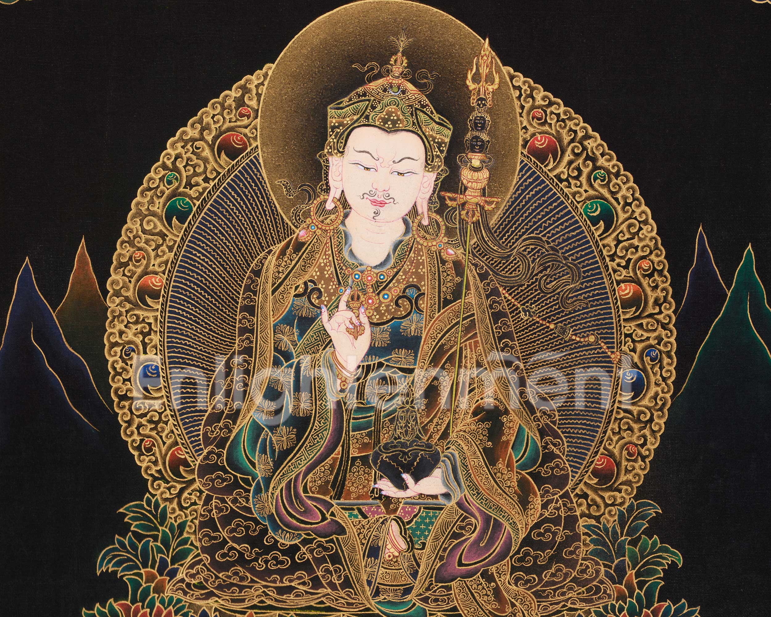 The Lotus-Born Guru Rinpoche | Peaceful Guru Padmasambhava Thangka