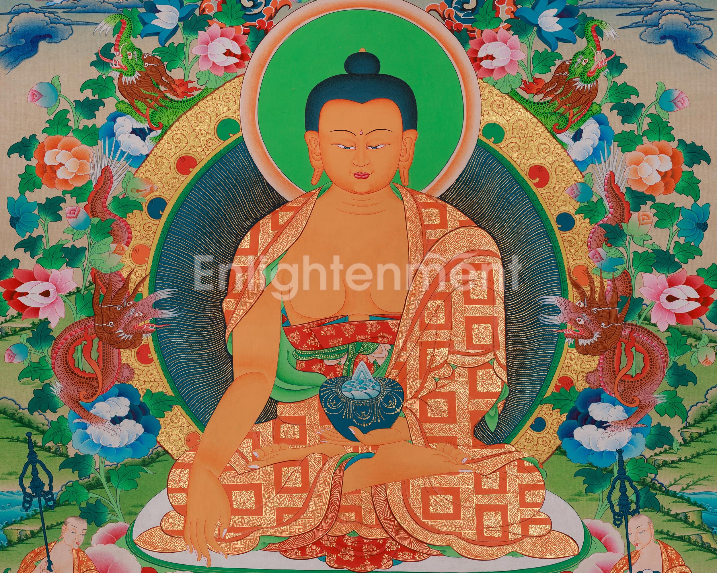 Shakyamuni Buddha With Five Dhyani Buddhas Thangka | Enlightenment and Wisdom