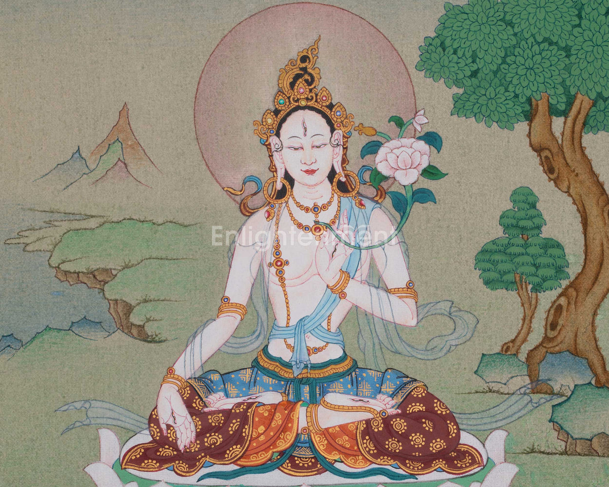 White Tara Healing Goddess Art | Drolkar Thangka | Healing and Longevity Deity
