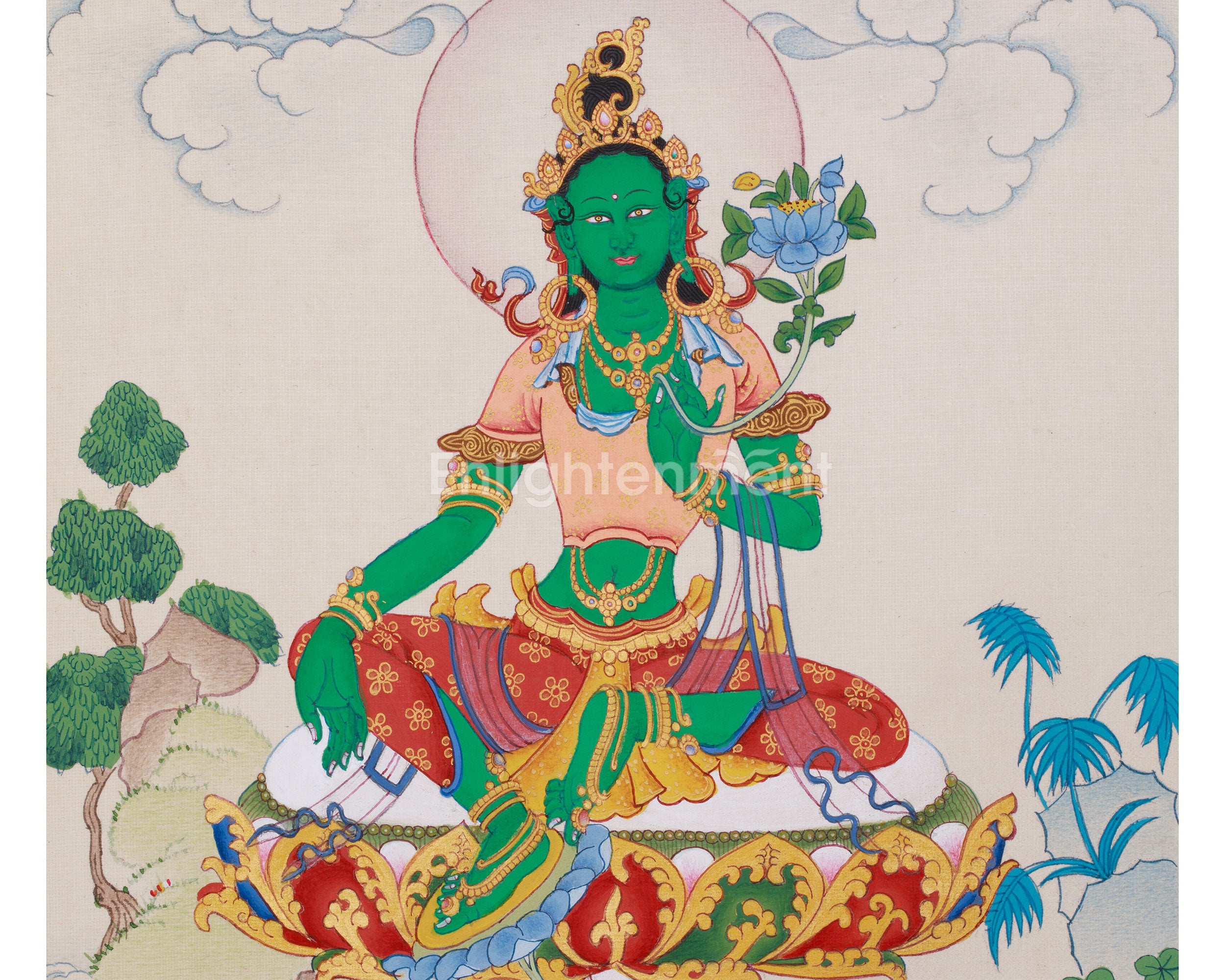 23 cm Savior Green Tara Thangka | Goddess of Compassion and Swift Protection