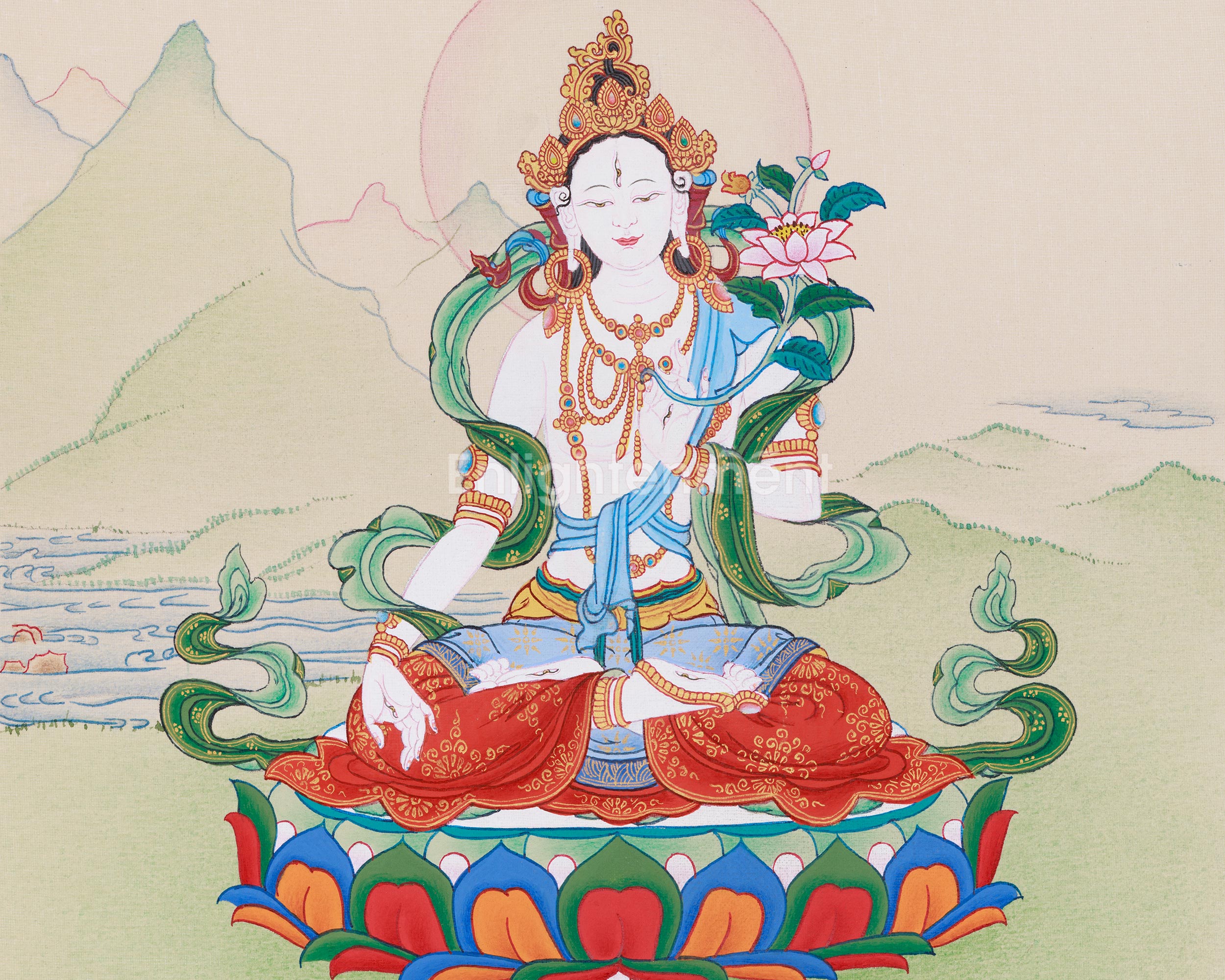 Hand-Painted Seven Eyes White Tara Thangka | Buddhist Art for Longevity and Healing