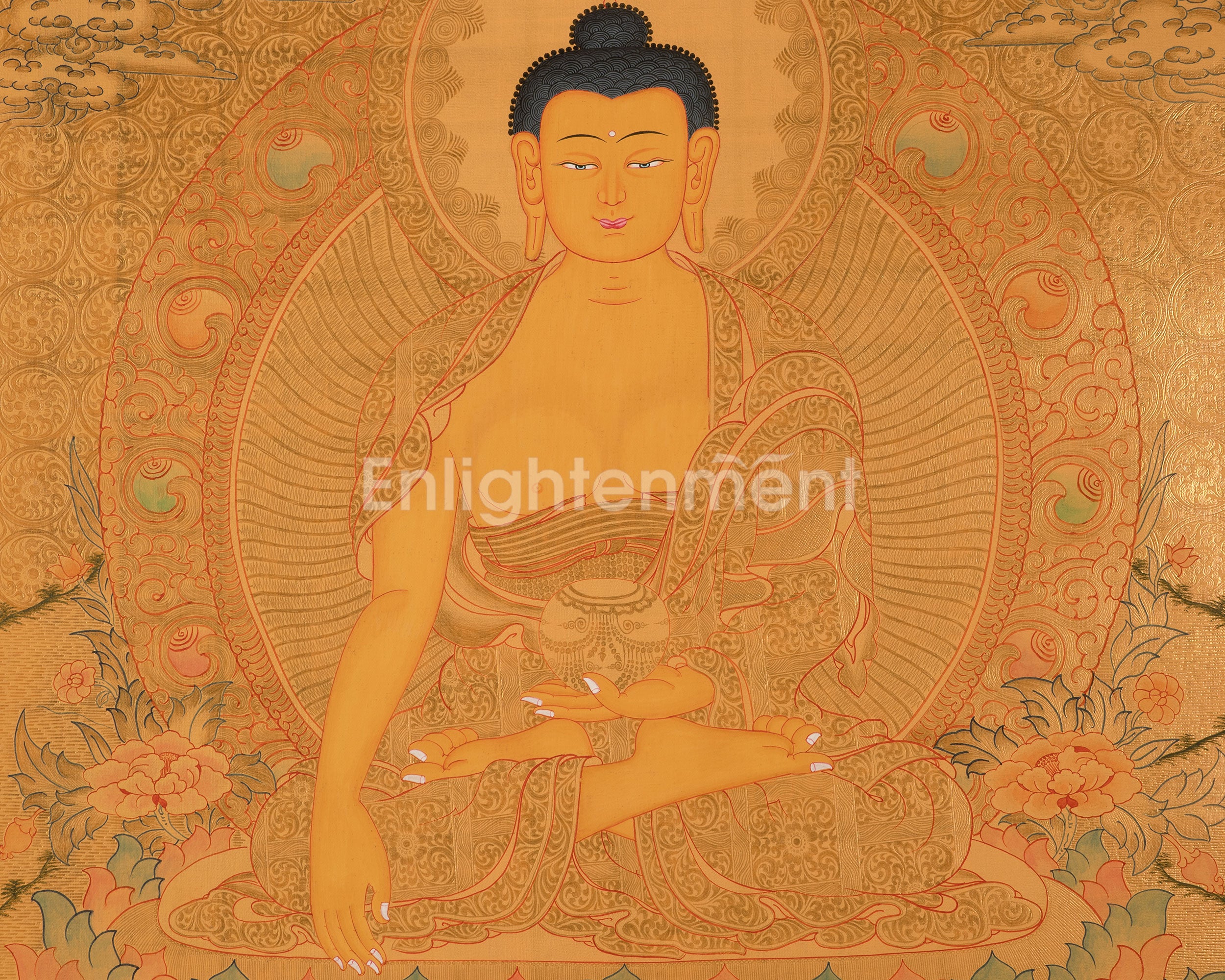 Traditional 24K Gold Style Shakyamuni Buddha Thangka | Symbol of Peace & Wisdom