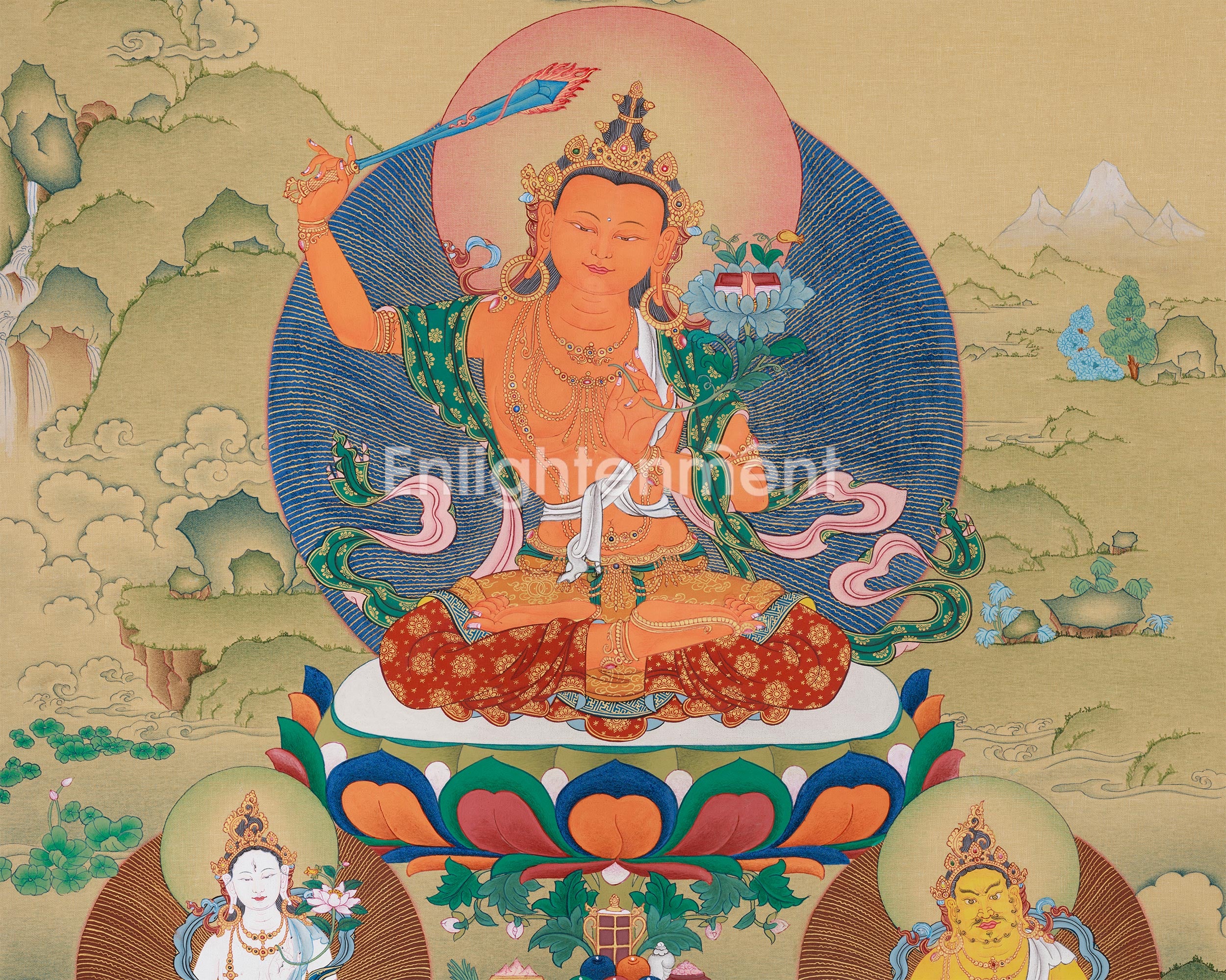 Manjushri with White Tara, Dzambhala, and Mitrupa | Tibetan Bodhisattva Painting