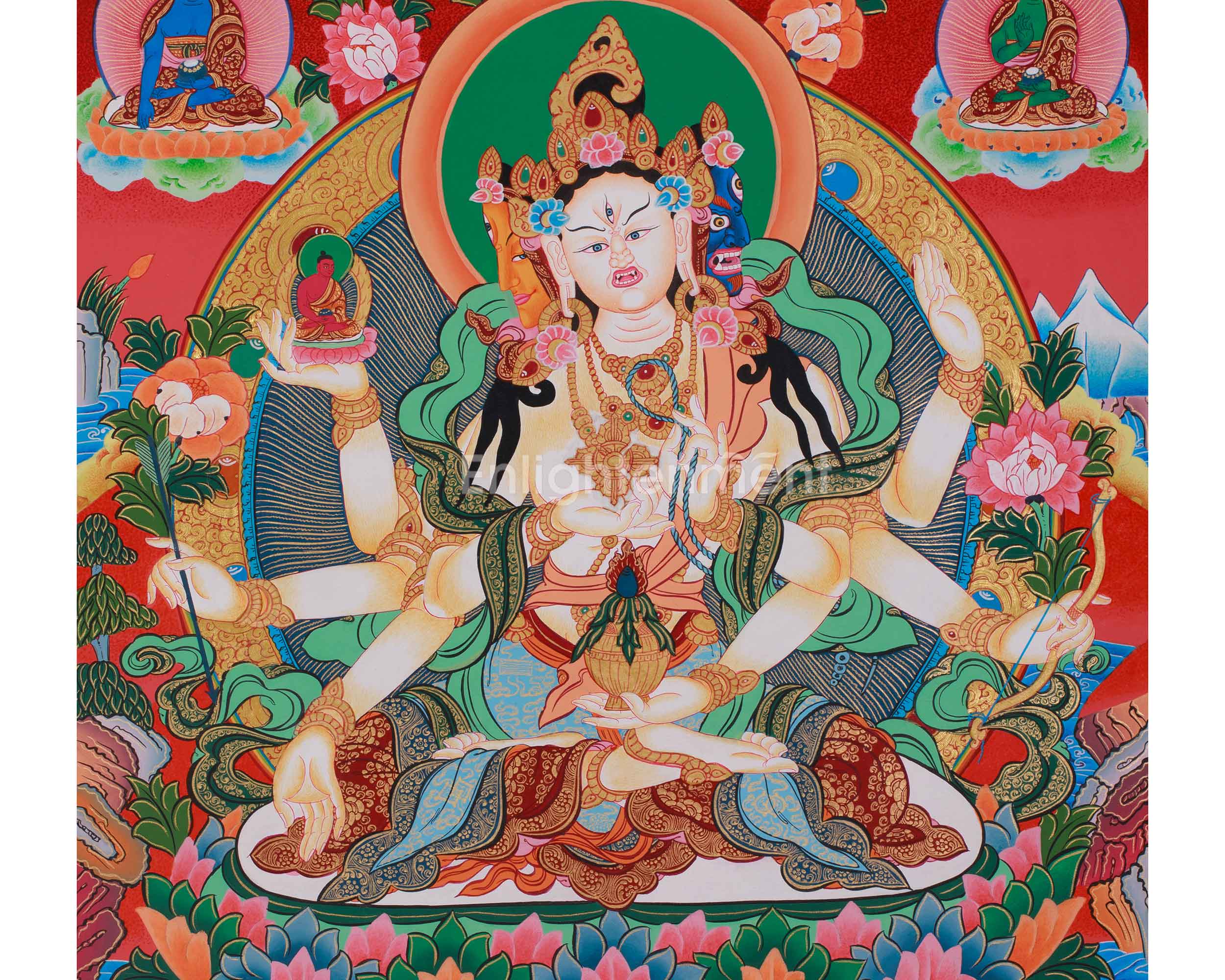 Namgyalma with Five Dhyani Buddhas White Tara and Amitayus | A Sacred Thangka of Longevity and Purification