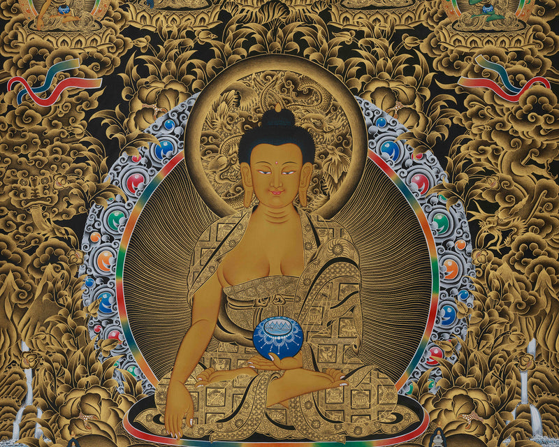 Gold Thangka of Shakyamuni Buddha | Five Dhyani Buddhas With Two Disciples