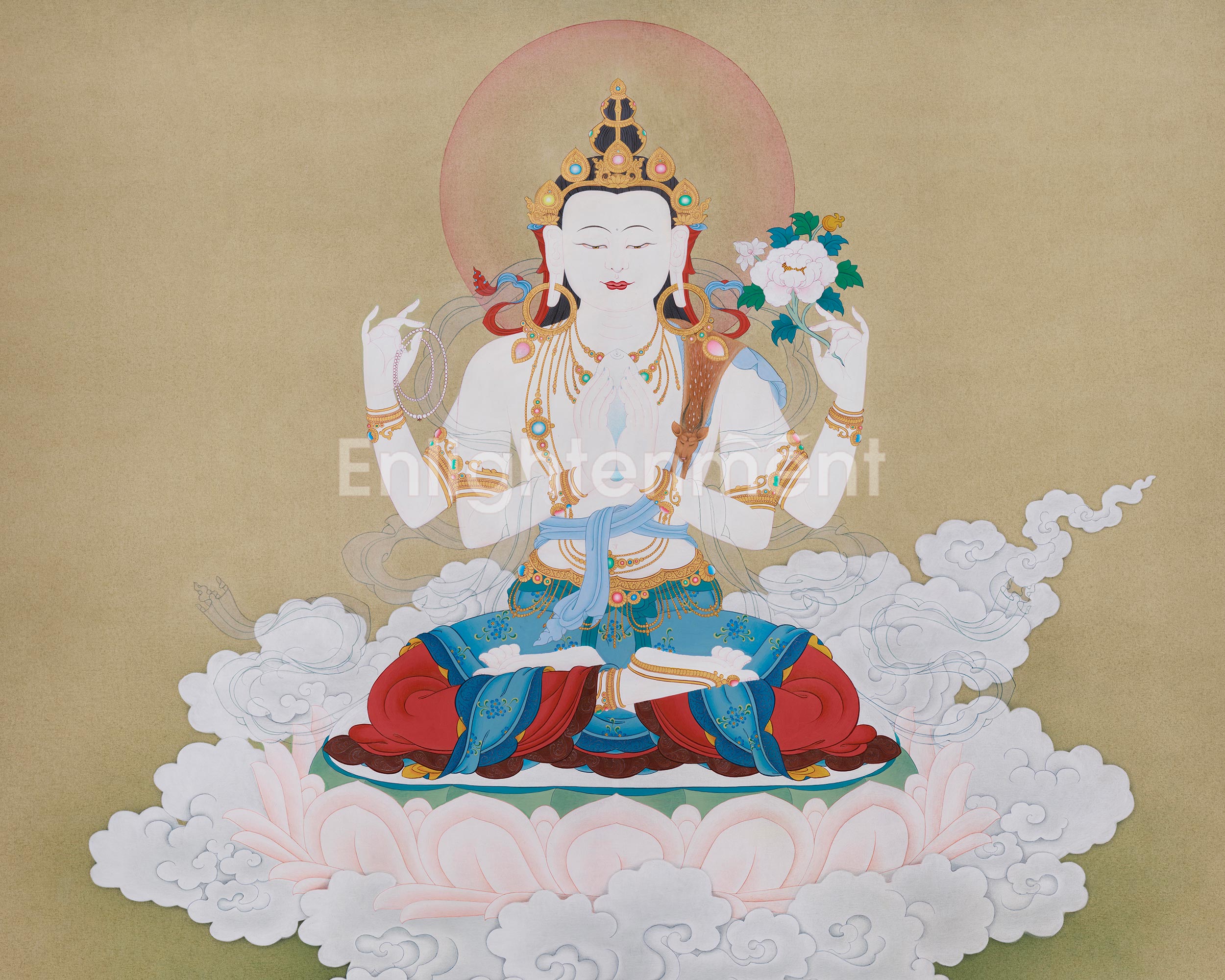 Original Hand-Painted Four-Armed Avalokiteshvara | A Majestic Thangka of Infinite Compassion