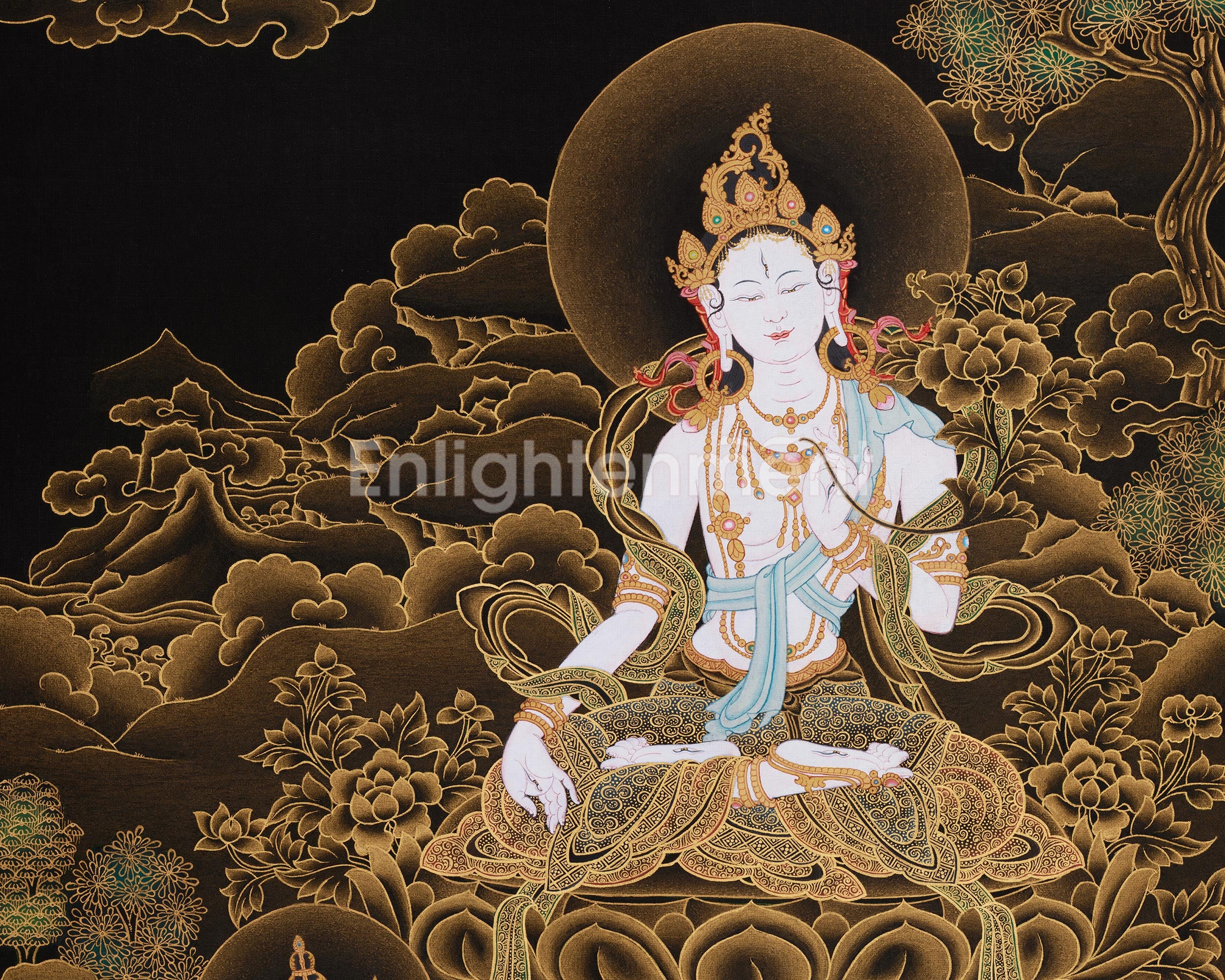 Hand-Painted Three Deities of Long Life: White Tara, Amitayus, and Namgyalma | Gold Embellished Thangka