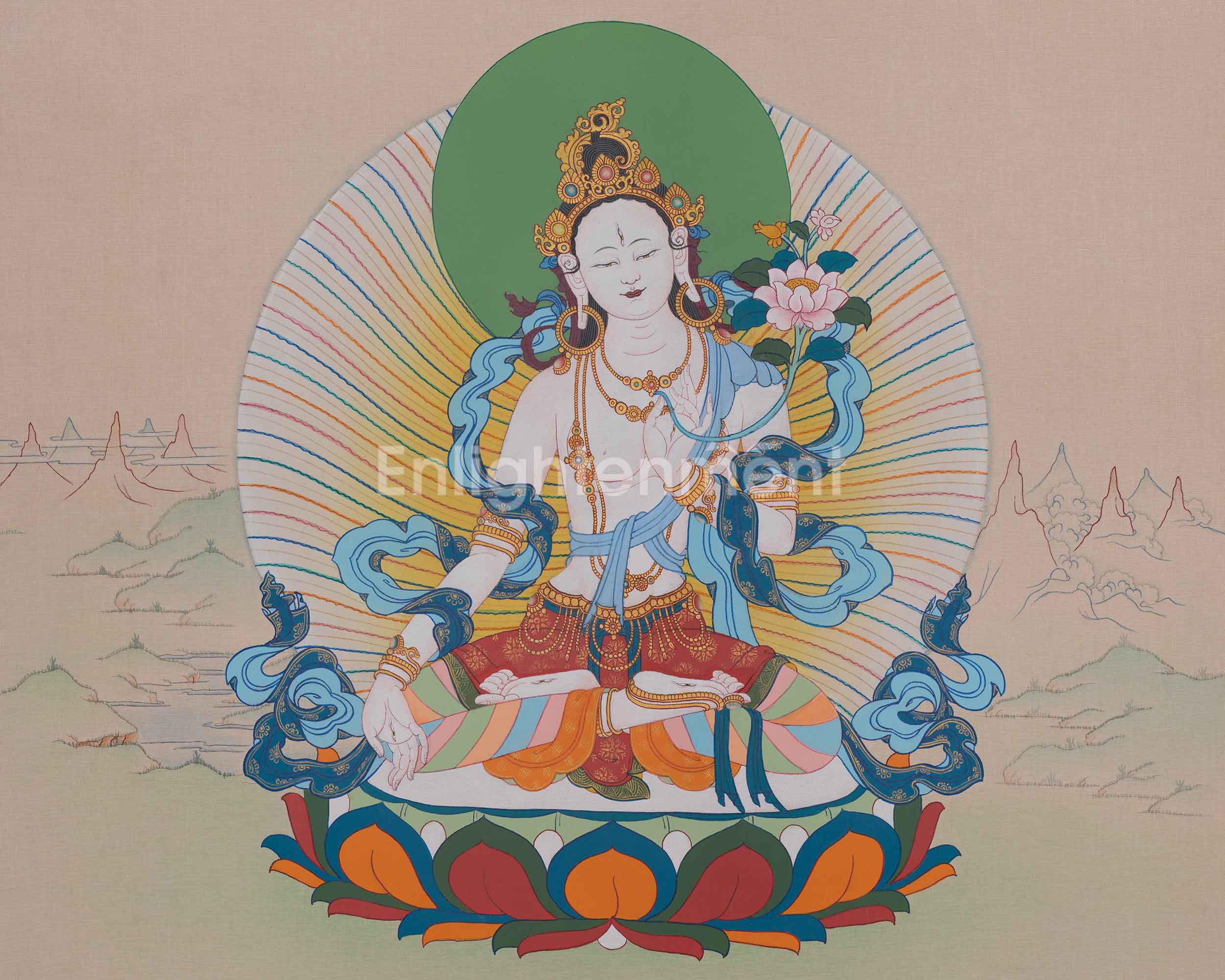 White Tara Spiritual Artwork | Sita Tara | Healing Deity | Traditional Thangka