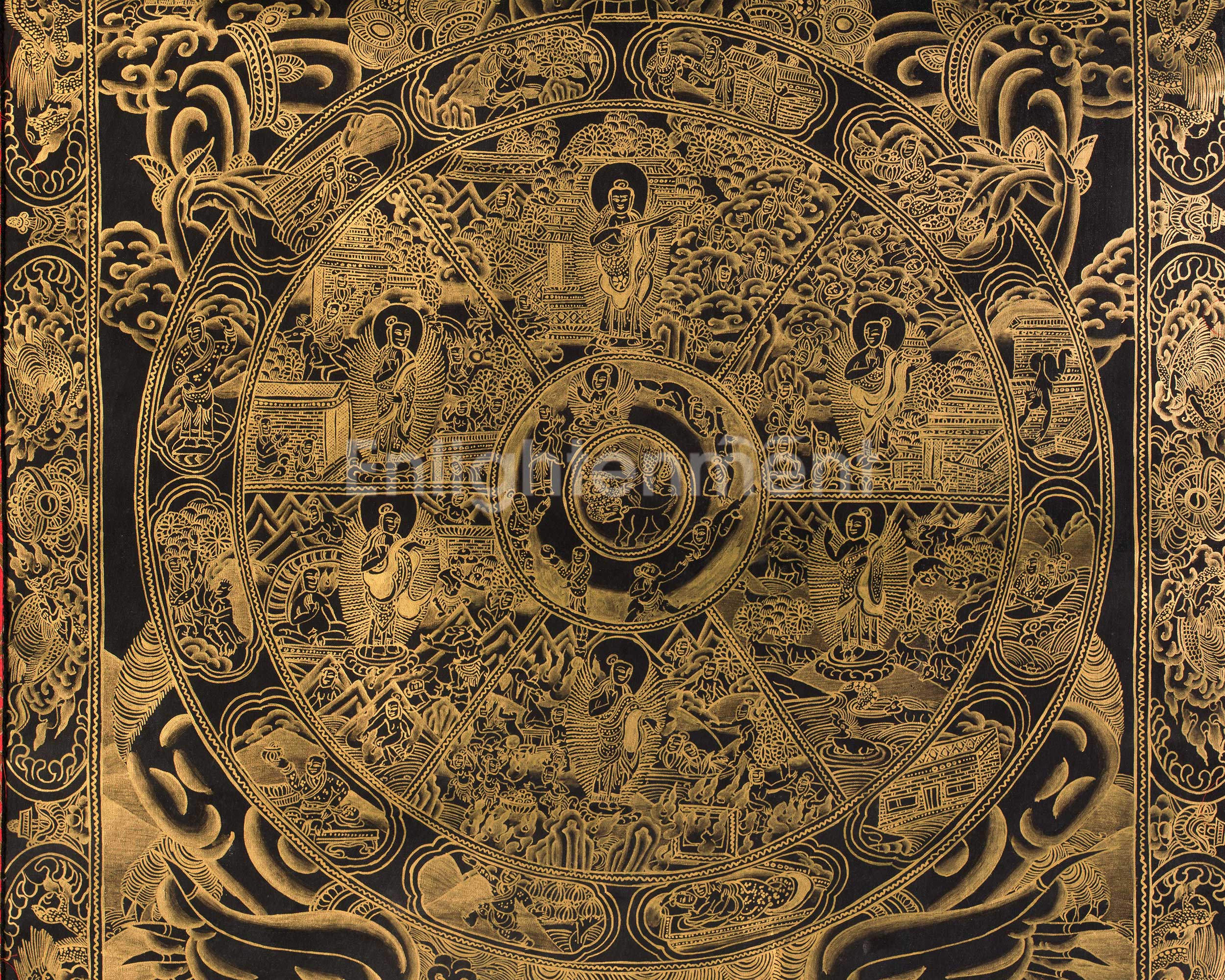 Wheel of Life (Bhavacakra) | Gold Embellished Thangka on Canvas | Brocade Mounted