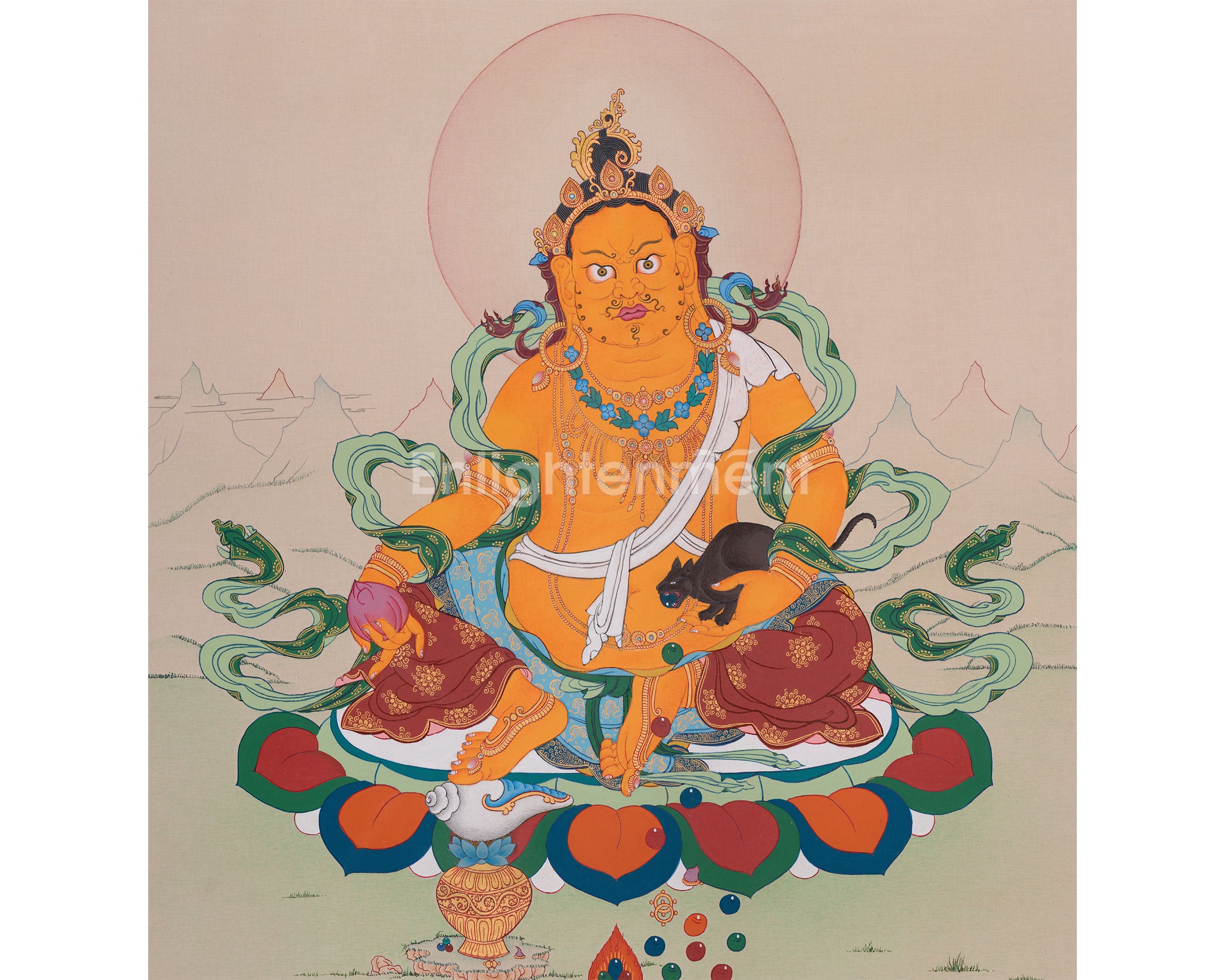 God of Abundance, Dzambhala Thangka | Tibetan Buddhist Wealth Deity