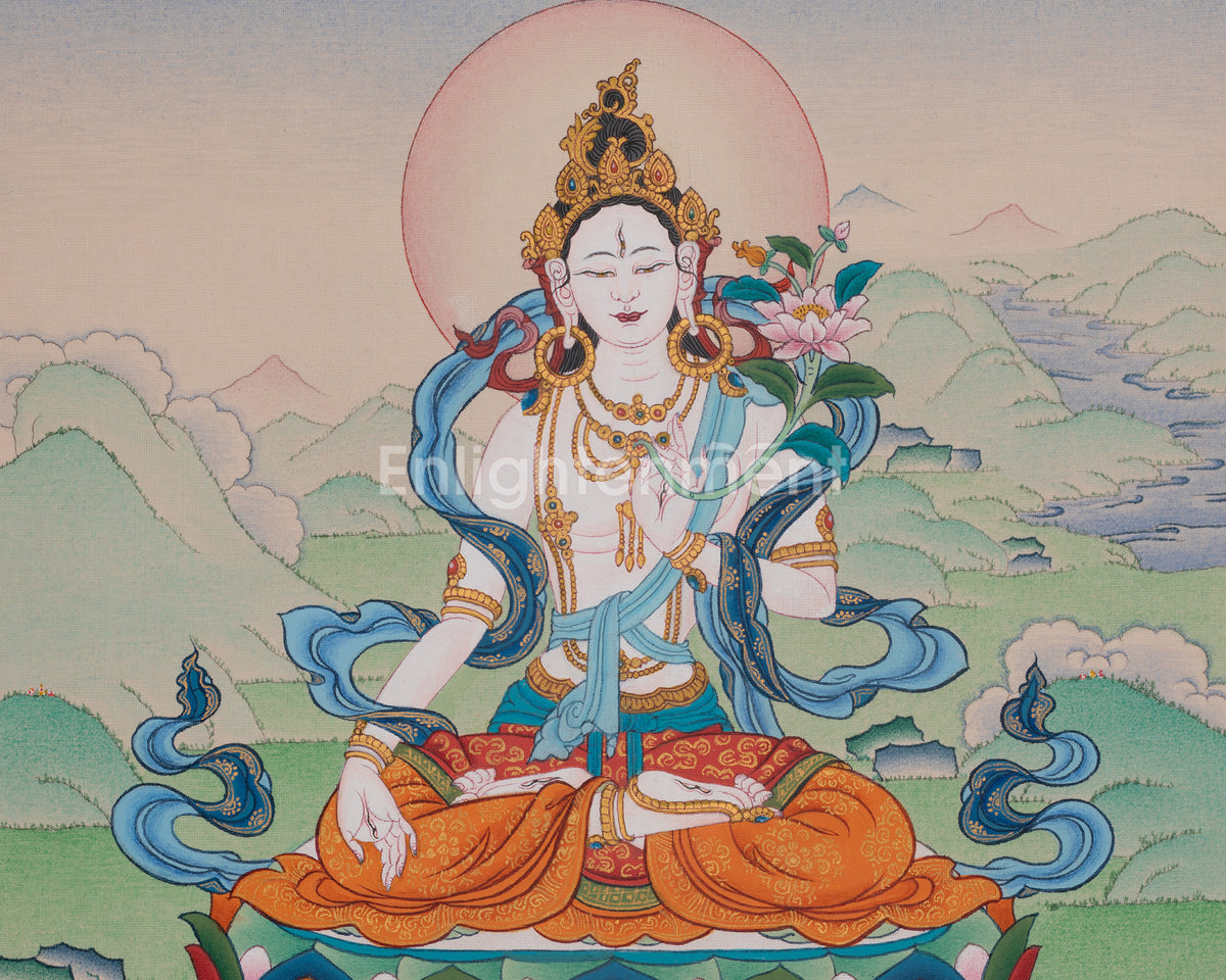 Sacred Tibetan White Tara Art | Drolkar Thangka | Seven Eyed Deity
