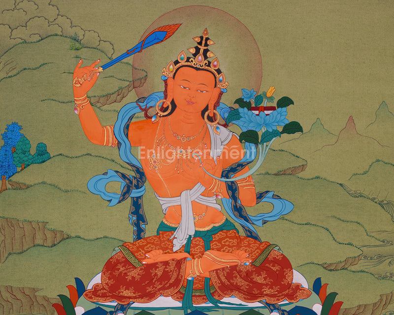 Hand-Painted Manjushri Thangka | Illuminating the Path to Enlightenment