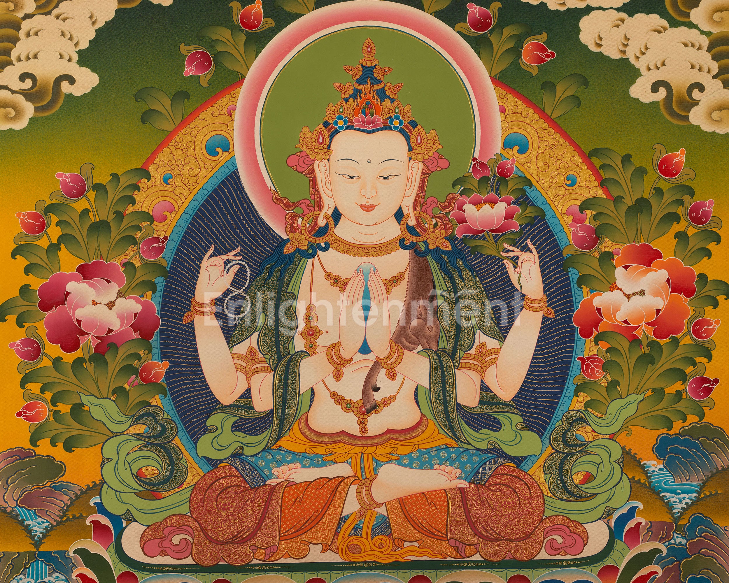 Bodhisattva Four-Armed Chenrezig Thangka | Hand-Painted Deity of Compassion and Mercy