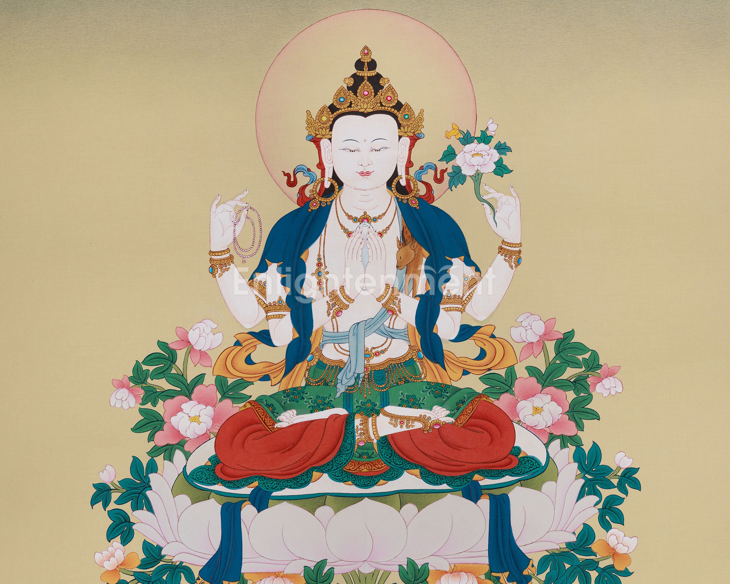 Spiritual Thangka Of Four-Armed Chenrezig | Avalokiteshvara Art | Meditation Altar