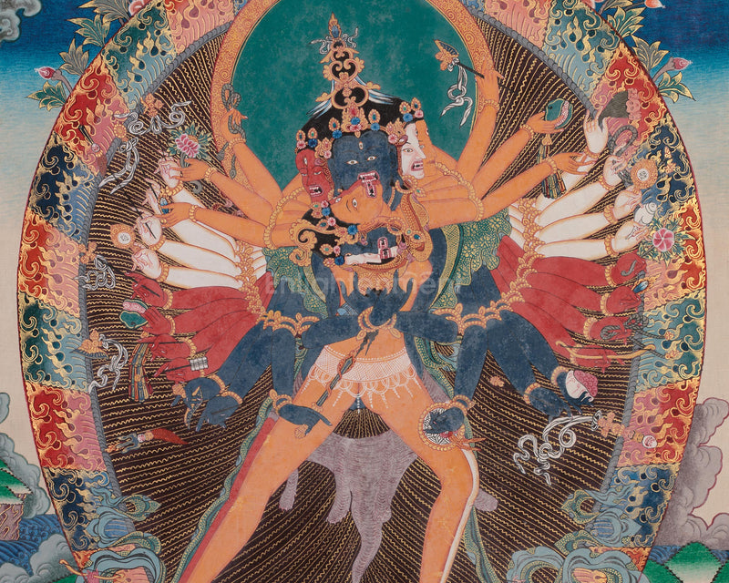 Kalachakra and Vishvamata, Yidam Deity Thangka | Red and Yellow Silk Brocade