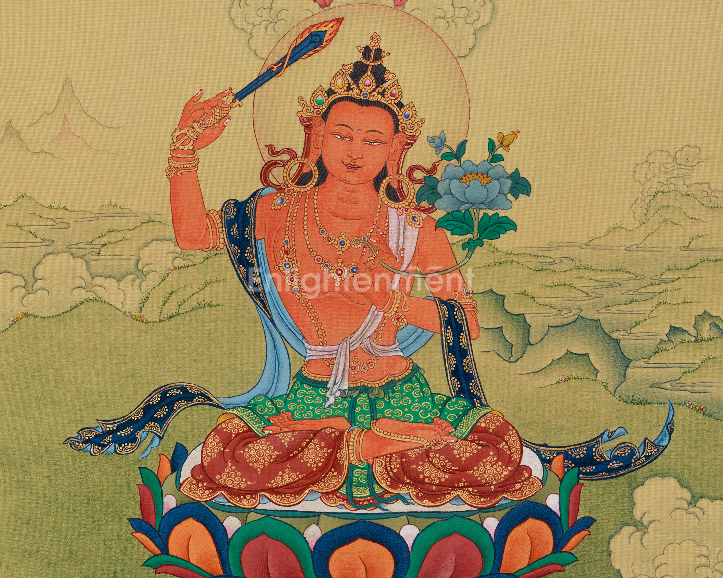 Bodhisattva Manjushri with Mitrupa Buddha Thangka | Divine Representation of Wisdom and Enlightened Meditation