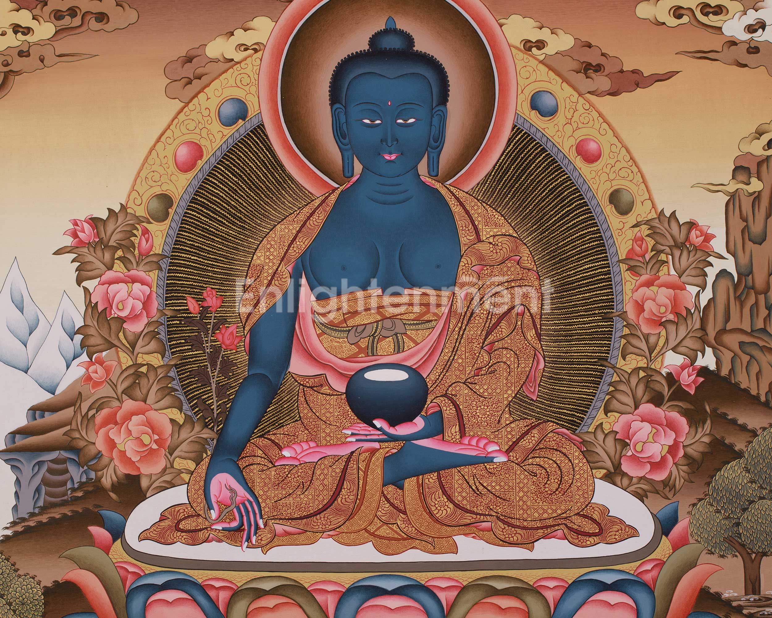 Traditional Thangka of Medicine Buddha with Amitabha | Healing Deity