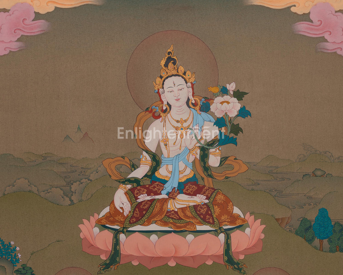Hand-Painted White Tara Longevity Deity | Amitayus And Namgyalma Thangka