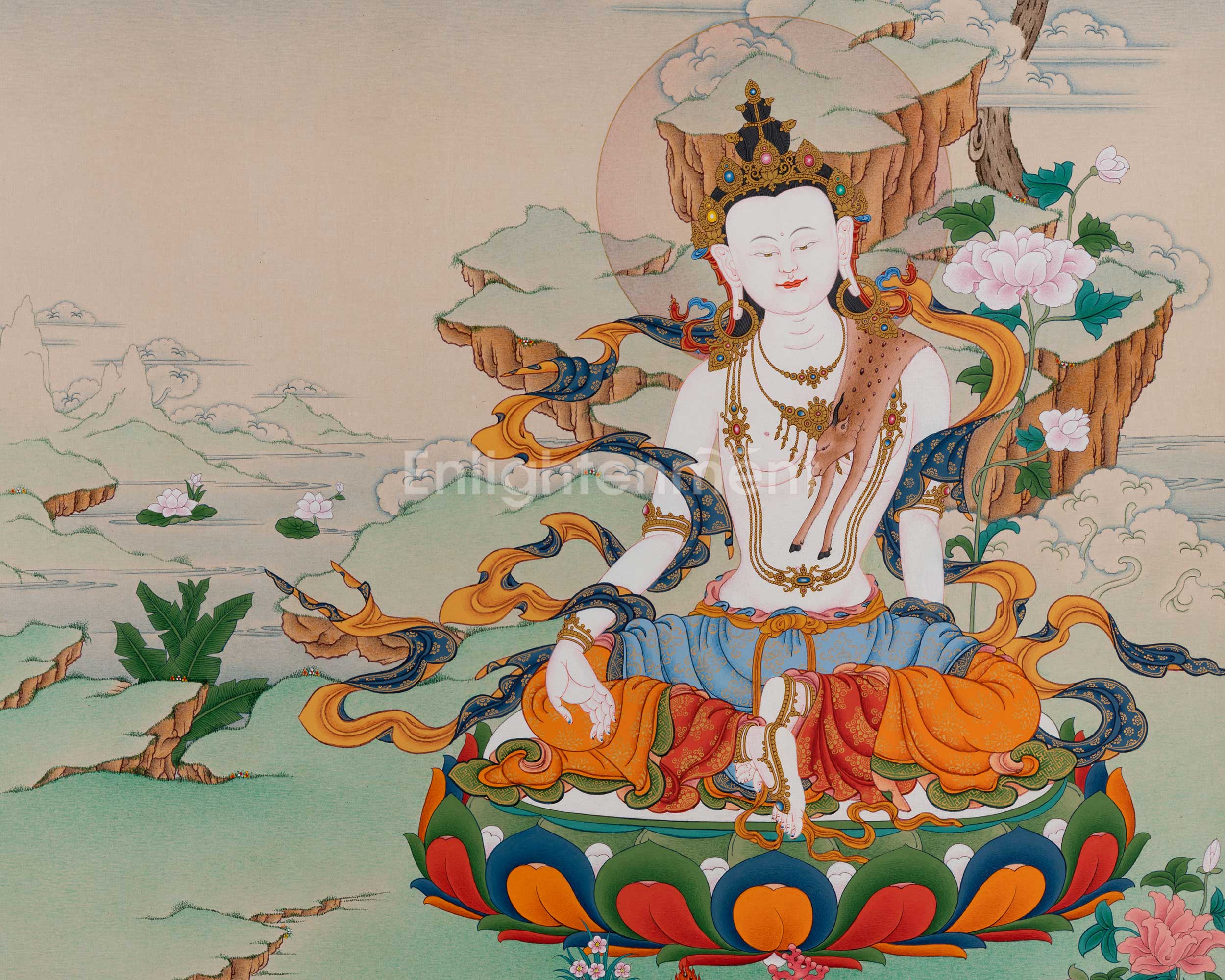 Chenrezig (Avalokiteshvara) with Amitabha Buddha Thangka | Unique Tibetan Buddhist Art