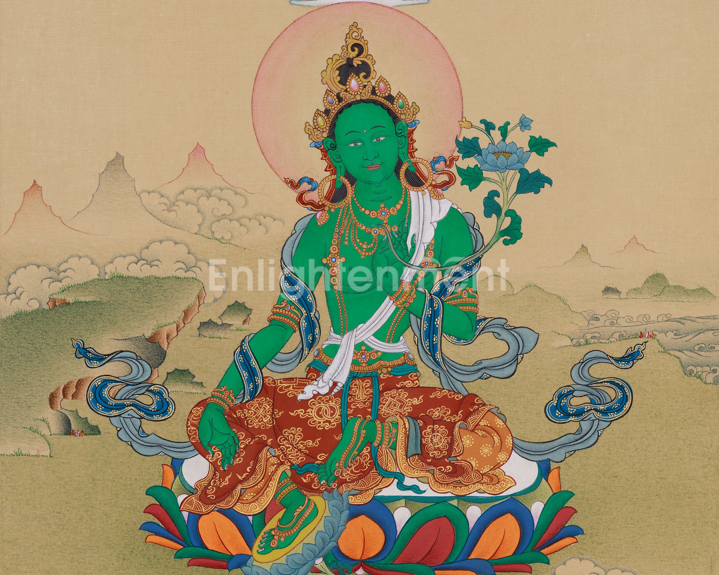 Green Tara with Amitabha Buddha Painting | Compassionate Deity and Buddha of Infinite Light