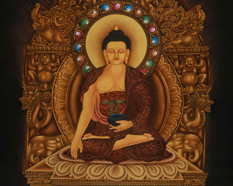 Peaceful Shakyamuni Buddha Thangka | Seated on His Majestic Throne