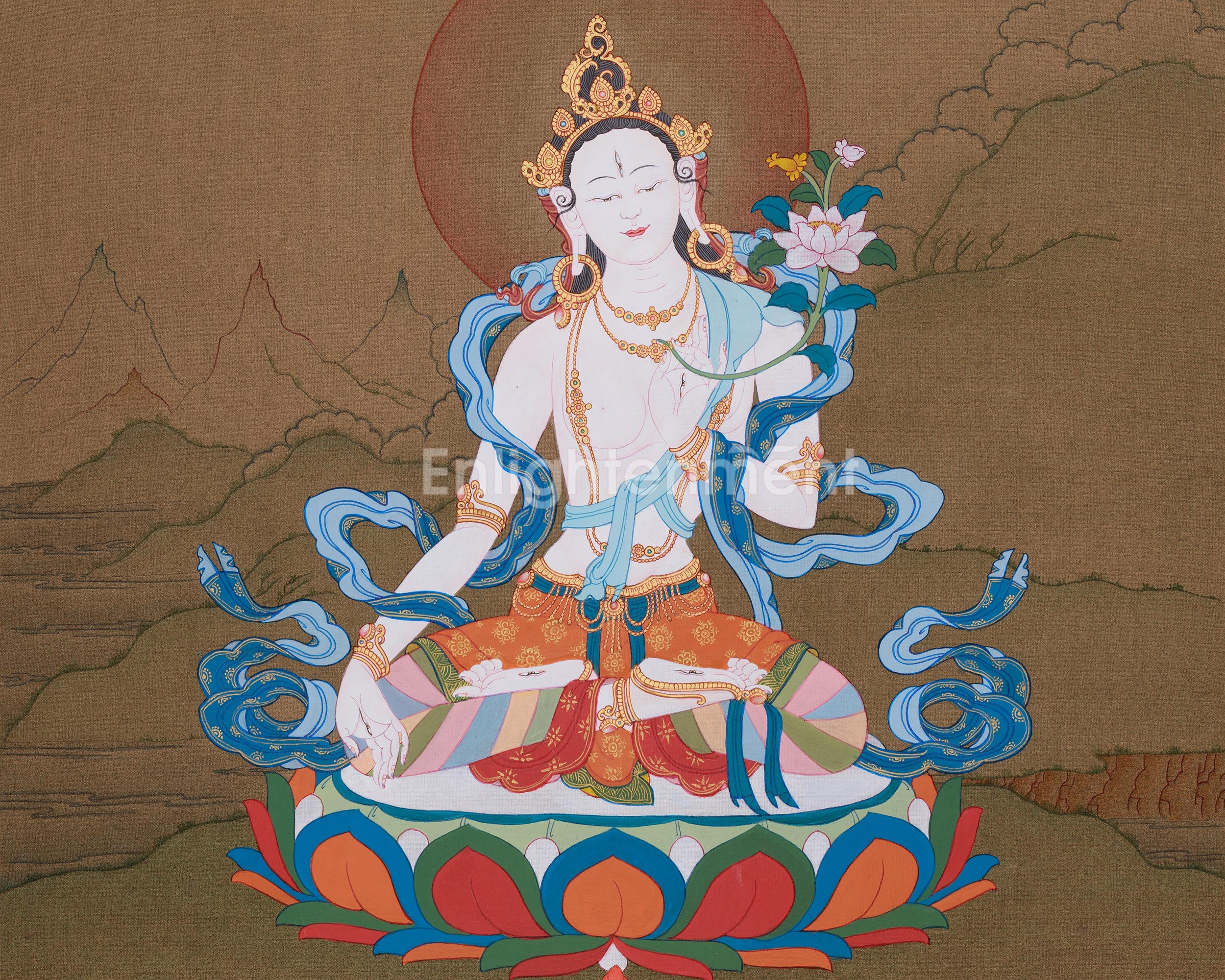Traditional White Tara, Healing Goddess | Female Bodhisattva | 24K Gold, Acrylic Colors