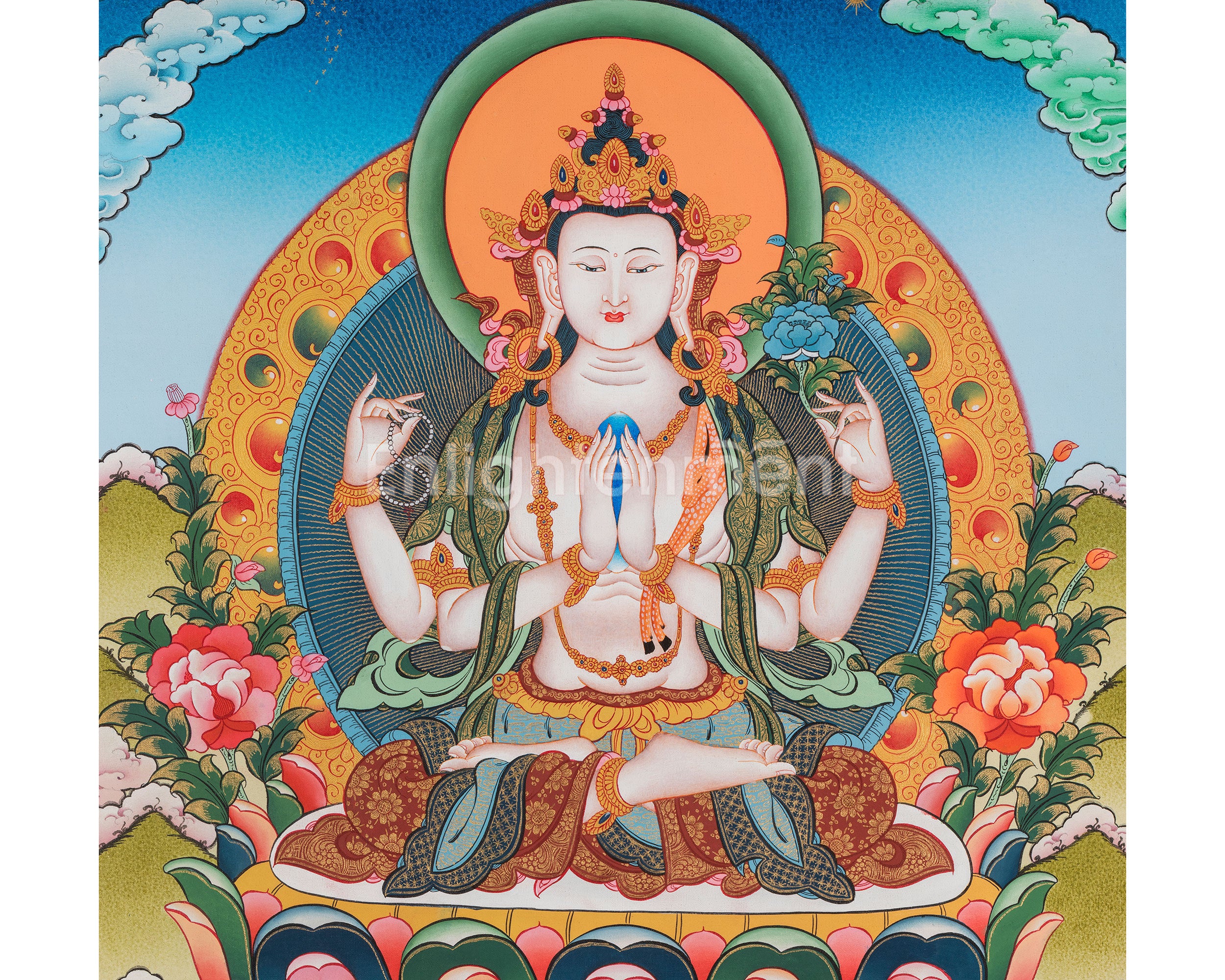 Divine Deity Chenrezig | Hand-Painted Avalokiteshvara Thangka