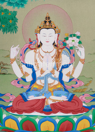 Tibetan Four-Armed Guanyin Bodhisattva Thangka | Compassion and Wisdom