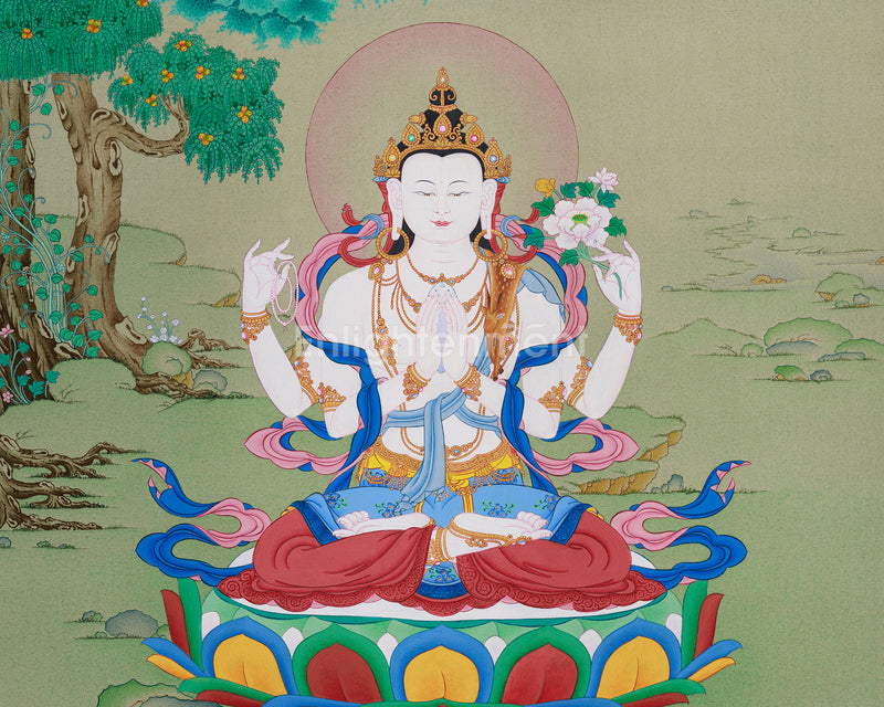 Tibetan Four-Armed Guanyin Bodhisattva Thangka | Compassion and Wisdom