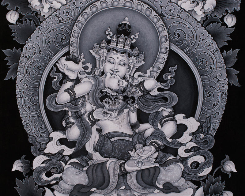 Black and White Vajrasattva Consort Painting | Traditional Paubha Artistry