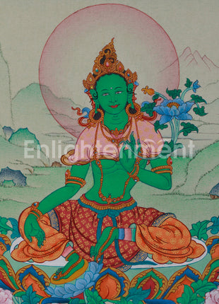 The Female Buddha, Green Tara Thangka | Compact Compassionate Artwork