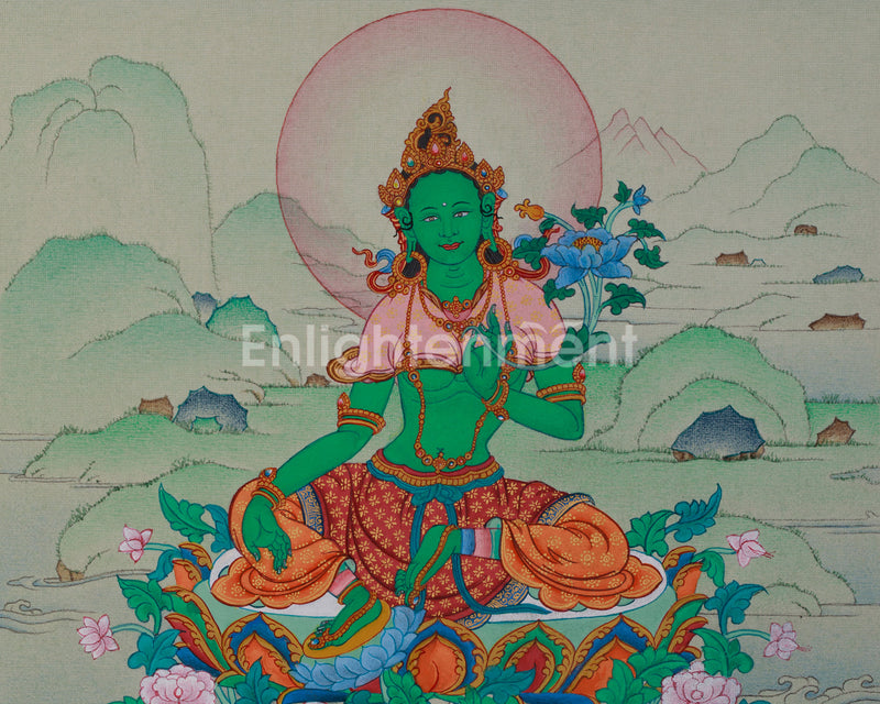 The Female Buddha, Green Tara Thangka | Compact Compassionate Artwork