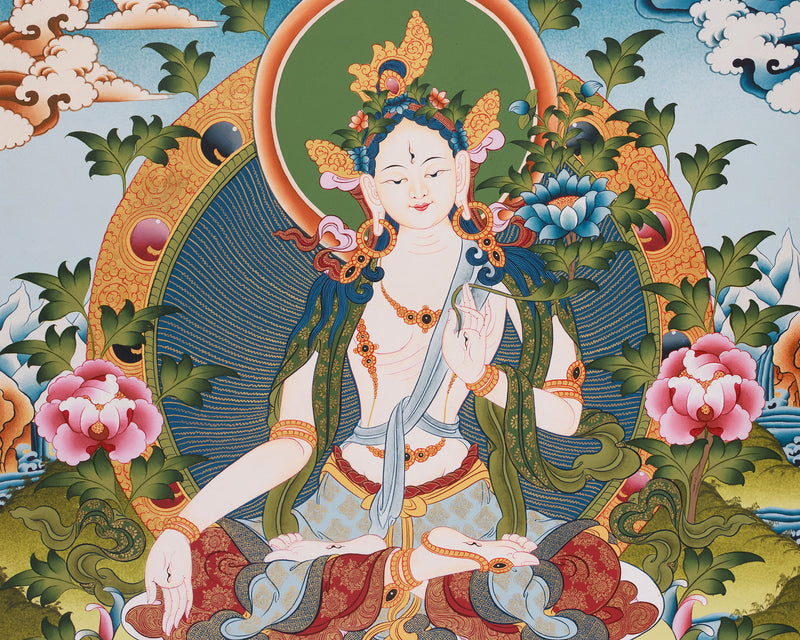 Mother Goddess Tara Thangka | Hand-Painted White Tara Artwork