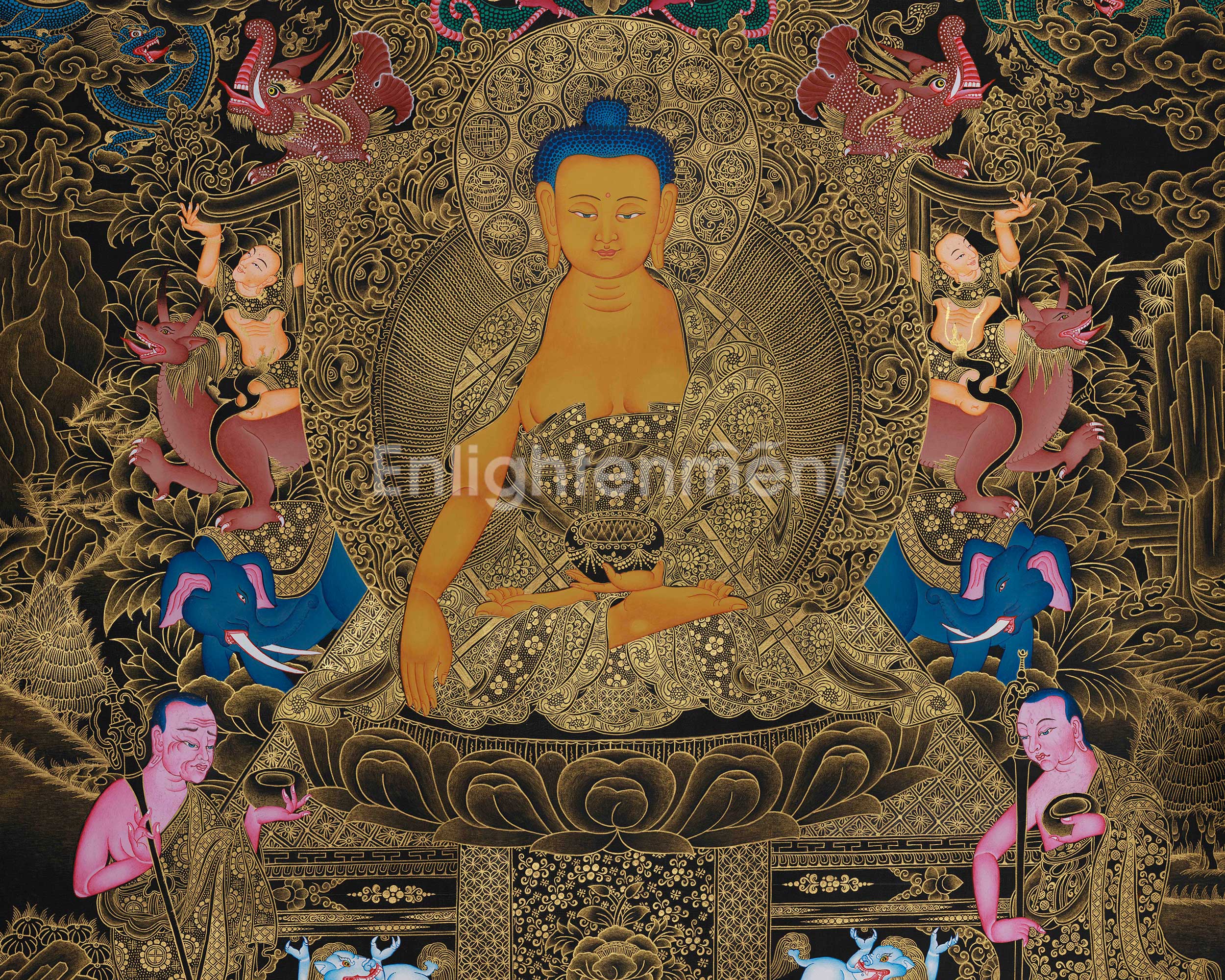 Imperial Presence Enlightened Teacher Shakyamuni Buddha | Opulent Gold Thangka of Buddha on Throne